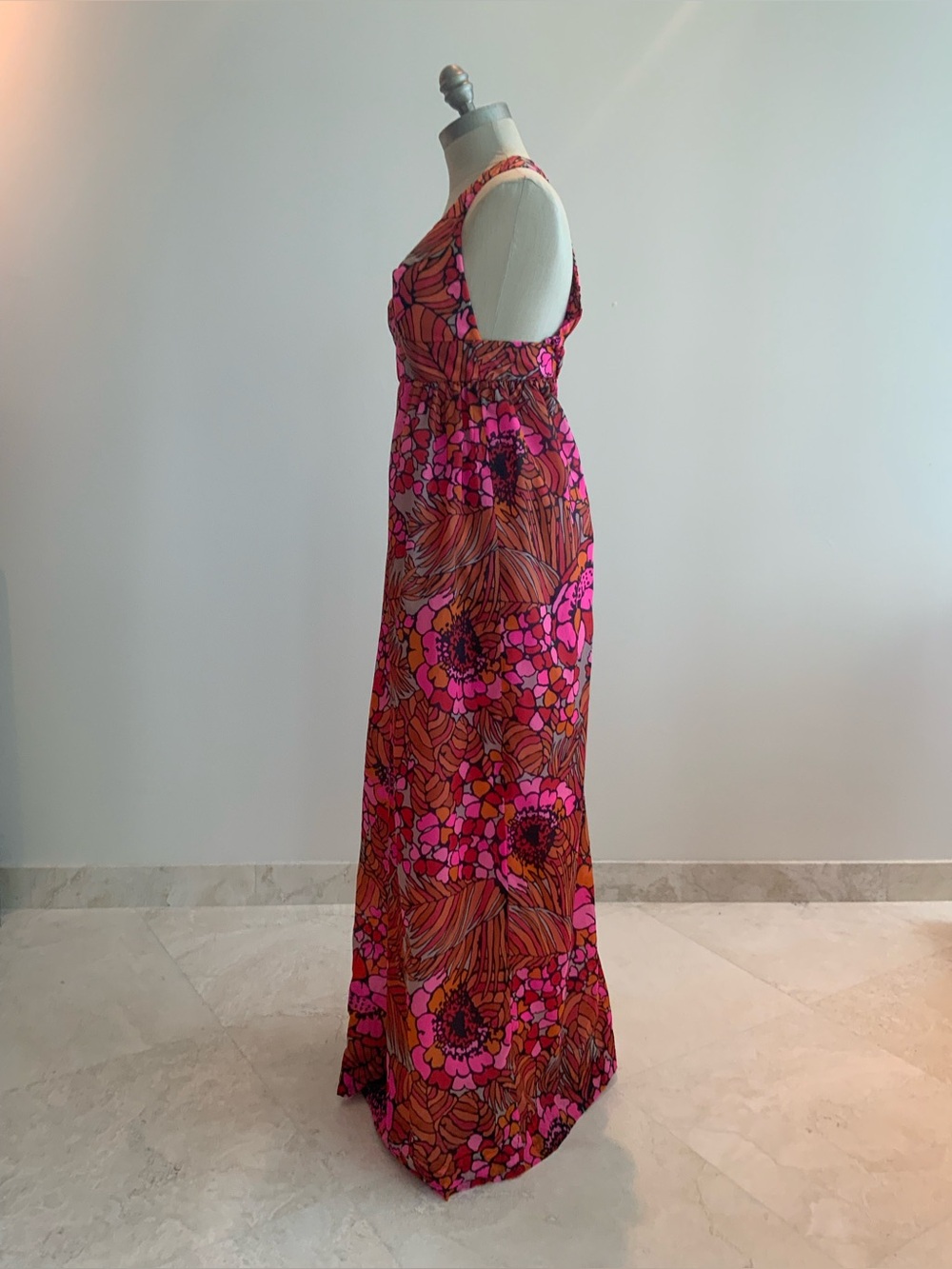 Vintage Malia 70’s Vibrant Pink/Orange Floral Halter Maxi Dress Sz med - Picture 2 of 7